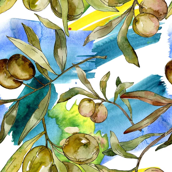 Зеленые оливки акварель иллюстрация. Акварель зеленый лист бесшовный фон рисунок. Текстура ткани для печати обоев — стоковое фото