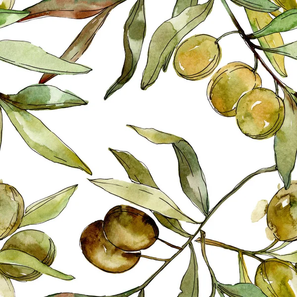 Green olives watercolor illustration. Watercolour green leaf seamless background pattern. Fabric wallpaper print texture — Stock Photo
