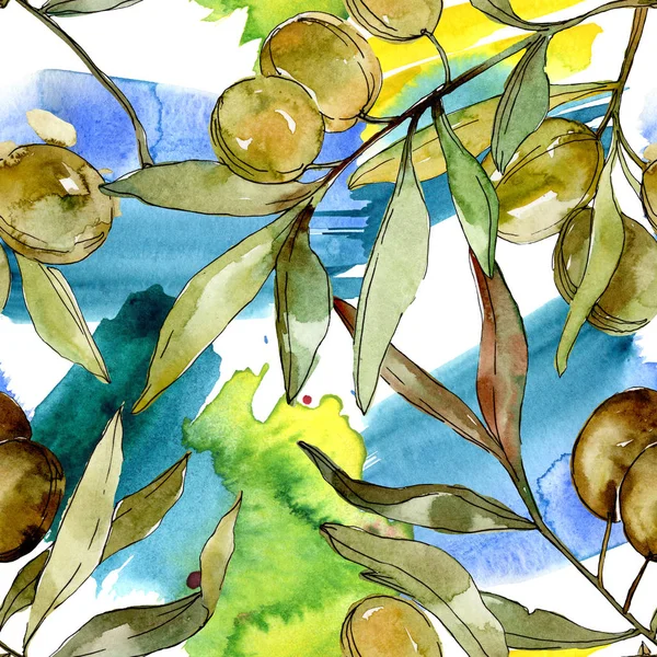 Illustration aquarelle olives vertes. Aquarelle feuille verte motif de fond sans couture. Texture d'impression papier peint tissu — Photo de stock