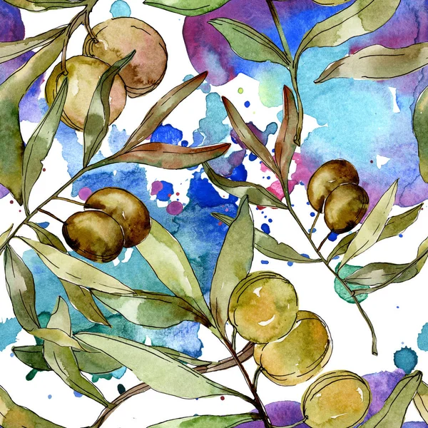 Зеленые оливки акварель иллюстрация. Акварель зеленый лист бесшовный фон рисунок. Текстура ткани для печати обоев — стоковое фото