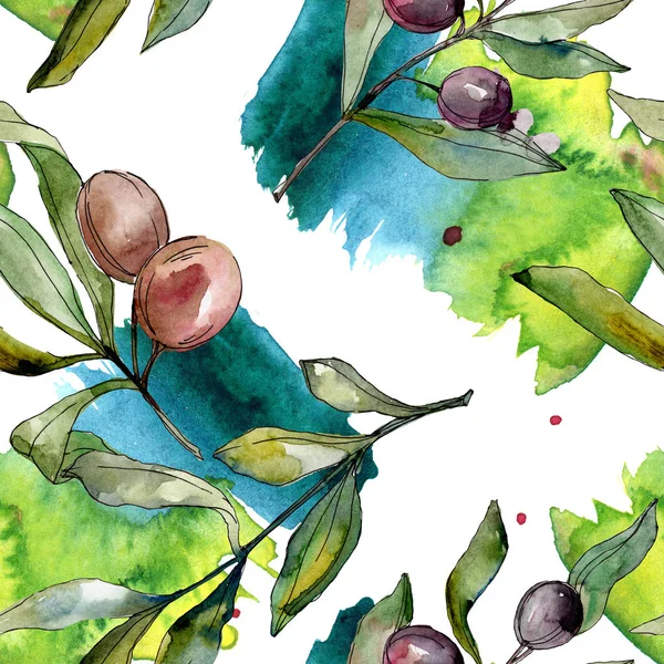 Black olives watercolor illustration set. Watercolour seamless background pattern. Fabric wallpaper print texture. — Stock Photo