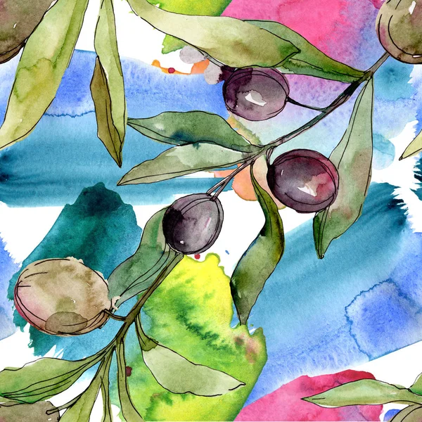 Ensemble d'illustration aquarelle olives noires. Aquarelle motif de fond sans couture. Texture d'impression papier peint tissu . — Photo de stock