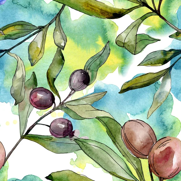 Ensemble d'illustration aquarelle olives noires. Aquarelle motif de fond sans couture. Texture d'impression papier peint tissu . — Photo de stock