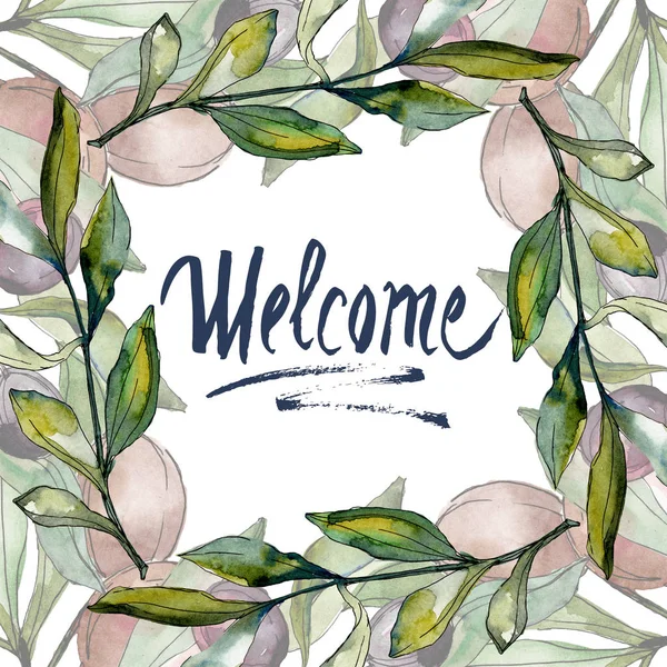 Black olives watercolor background illustration. Watercolour drawing green leaf. Frame border square. Welcome — Stock Photo