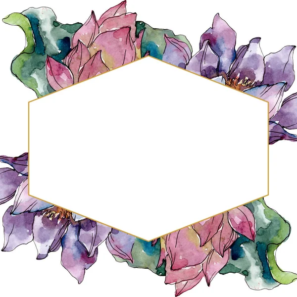 Lotus flores botânicas florais. Folha selvagem primavera wildflower isolado. Conjunto de ilustração de fundo aquarela. Aquarelle desenho aquarelle moda isolado. Quadro borda ornamento quadrado . — Fotografia de Stock