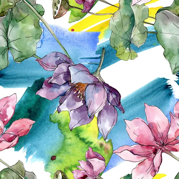 Lotusblüten, botanische Blumen. wilde Frühlingsblume. Aquarell-Illustrationsset vorhanden. Aquarell zeichnen Mode-Aquarell. nahtlose Hintergrundmuster. Stoff Tapete drucken Textur. — Stockfoto