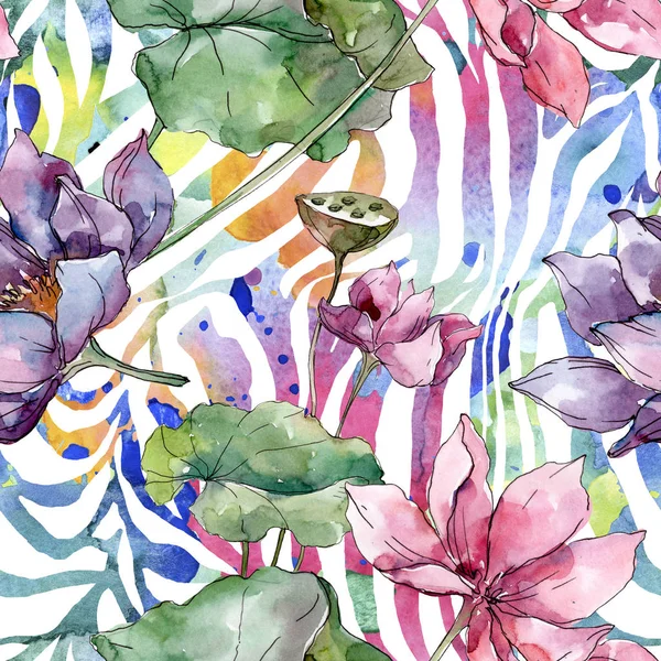 Lotus floral botanical flowers. Wild spring leaf wildflower. Watercolor illustration set. Watercolour drawing fashion aquarelle. Seamless background pattern. Fabric wallpaper print texture. — Stock Photo