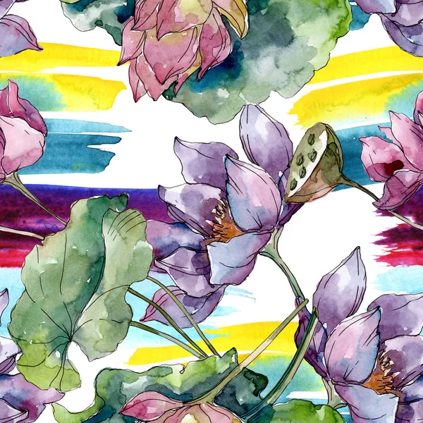 Lotusblüten, botanische Blumen. wilde Frühlingsblume. Aquarell-Illustrationsset vorhanden. Aquarell zeichnen Mode-Aquarell. nahtlose Hintergrundmuster. Stoff Tapete drucken Textur. — Stockfoto