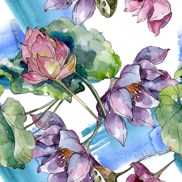 Lotusblüten, botanische Blumen. wilde Frühlingsblume. Aquarell-Illustrationsset vorhanden. Aquarell zeichnen Mode-Aquarell. nahtlose Hintergrundmuster. Stoff Tapete drucken Textur. — Stockfoto