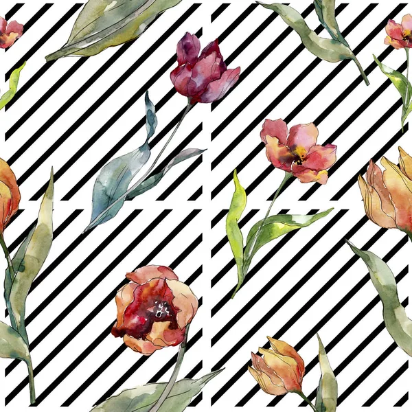 Rote Tulpe Blumen botanische Blume. wilde Frühlingsblume. Aquarell-Illustrationsset vorhanden. Aquarell zeichnen Mode-Aquarell. nahtlose Hintergrundmuster. Stoff Tapete drucken Textur. — Stockfoto