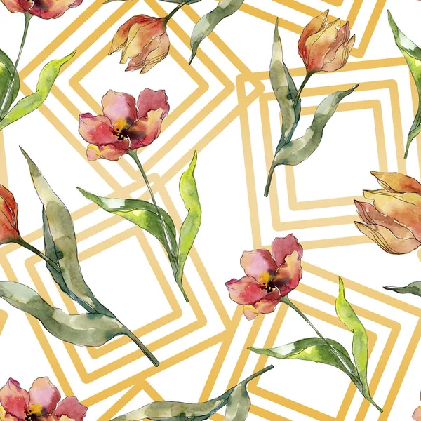 Red tulip floral botanical flower. Wild spring leaf wildflower. Watercolor illustration set. Watercolour drawing fashion aquarelle. Seamless background pattern. Fabric wallpaper print texture. — Stock Photo