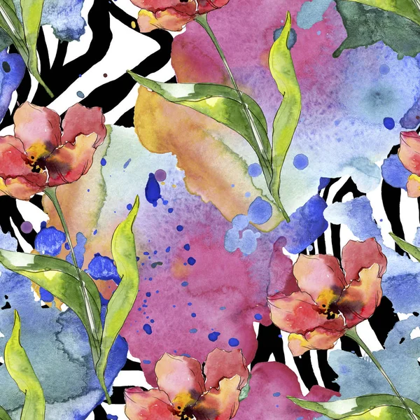 Tulipano rosso fiore botanico floreale. Fiordaliso selvatico. Set illustrazione acquerello. Acquerello disegno moda acquerello. Modello di sfondo senza soluzione di continuità. Tessuto carta da parati stampa texture . — Foto stock