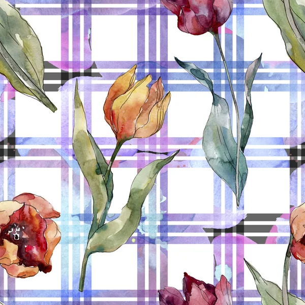Red tulip floral botanical flower. Wild spring leaf wildflower. Watercolor illustration set. Watercolour drawing fashion aquarelle. Seamless background pattern. Fabric wallpaper print texture. — Stock Photo