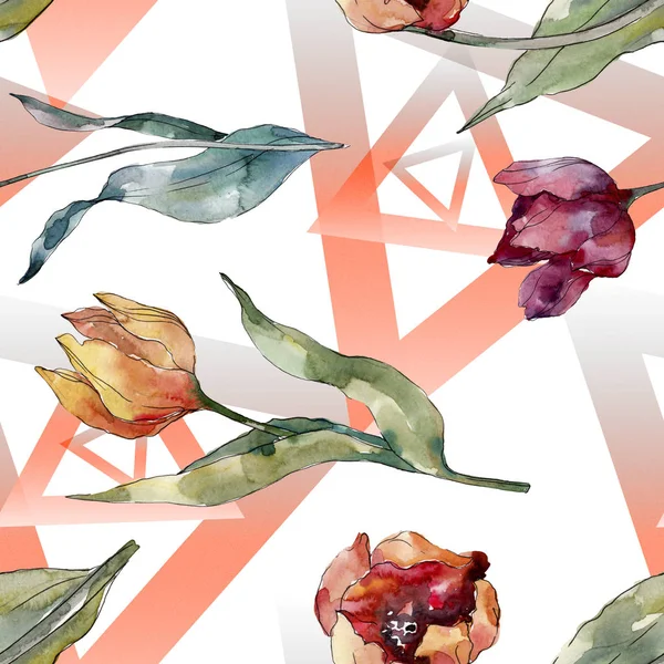 Красный цветочный ботанический цветок тюльпана. Дикий весенний цветок. Набор акварельных рисунков. Акварель для рисования акварелью. Бесшовный рисунок фона. Текстура ткани для печати обоев . — стоковое фото