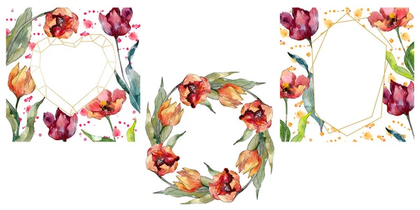 Flor botânica floral tulipa vermelha. Folha selvagem primavera wildflower isolado. Conjunto de ilustração de fundo aquarela. Aquarelle desenho aquarelle moda. Quadro borda cristal ornamento quadrado . — Fotografia de Stock