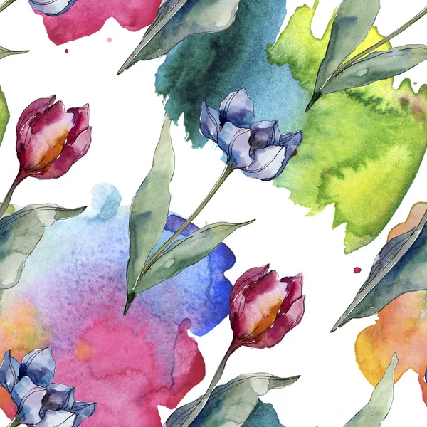 Fleurs botaniques florales de tulipes. Feuille sauvage de printemps fleur sauvage isolée. Ensemble d'illustration aquarelle. Aquarelle dessin mode aquarelle. Modèle de fond sans couture. Texture d'impression papier peint tissu . — Photo de stock