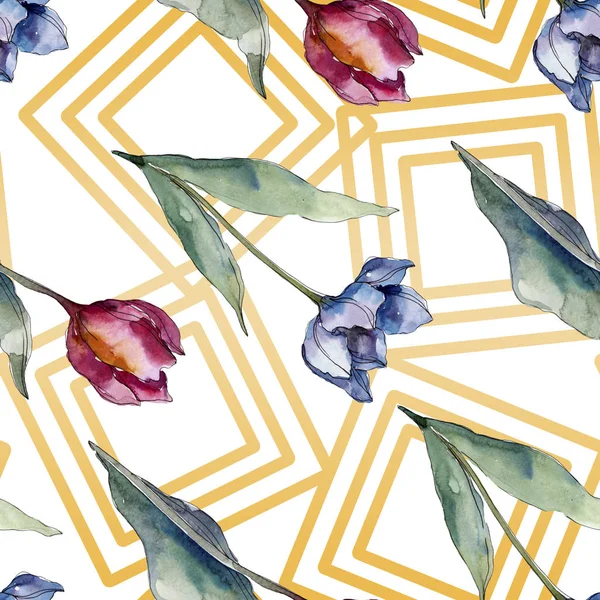 Tulip floral botanical flowers. Wild spring leaf wildflower isolated. Watercolor illustration set. Watercolour drawing fashion aquarelle. Seamless background pattern. Fabric wallpaper print texture. — Stock Photo