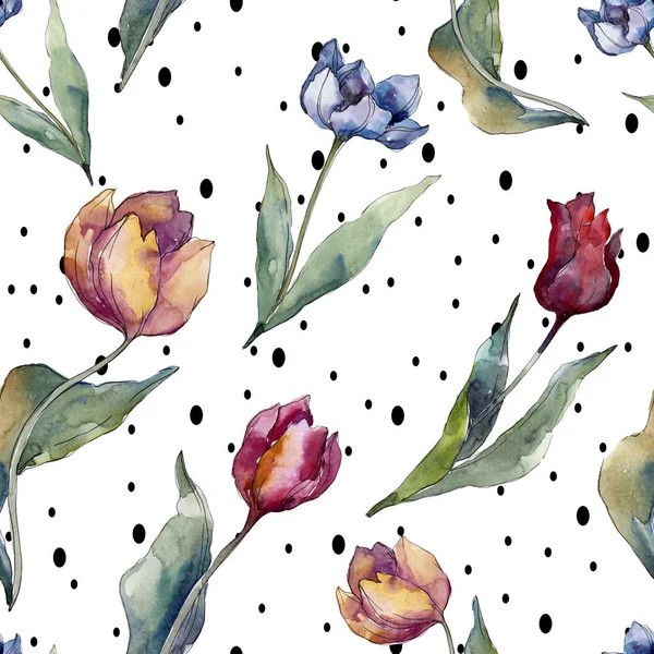 Botanische Tulpenblüten. wildes Frühlingsblatt Wildblume isoliert. Aquarell-Illustrationsset vorhanden. Aquarell zeichnen Mode-Aquarell. nahtlose Hintergrundmuster. Stoff Tapete drucken Textur. — Stockfoto