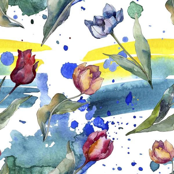 Botanische Tulpenblüten. wildes Frühlingsblatt Wildblume isoliert. Aquarell-Illustrationsset vorhanden. Aquarell zeichnen Mode-Aquarell. nahtlose Hintergrundmuster. Stoff Tapete drucken Textur. — Stockfoto