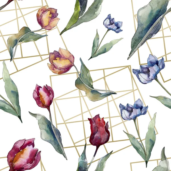 Tulip floral botanical flowers. Wild spring leaf wildflower isolated. Watercolor illustration set. Watercolour drawing fashion aquarelle. Seamless background pattern. Fabric wallpaper print texture. — Stock Photo