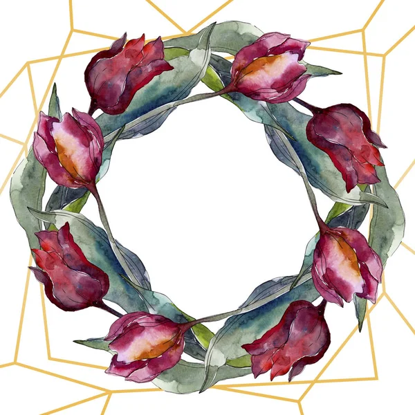 Tulipán flores botánicas florales. Flor silvestre de hoja de primavera aislada. Conjunto de ilustración de fondo acuarela. Acuarela dibujo moda acuarela aislado. Marco borde cristal ornamento cuadrado . - foto de stock