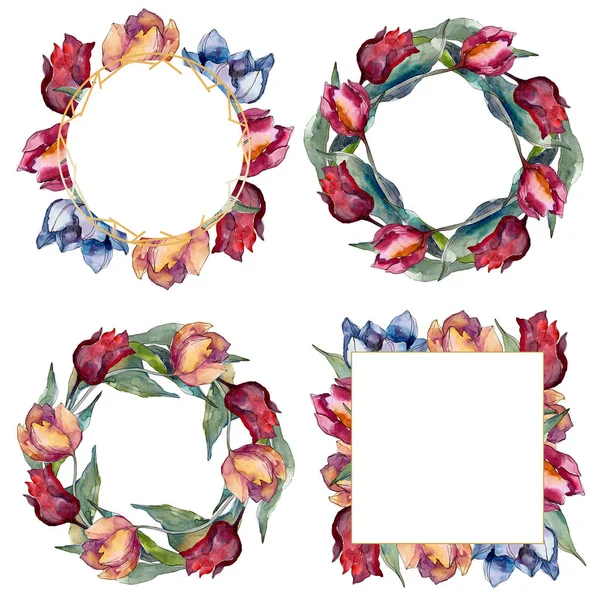 Tulipano fiori botanici floreali. Fiore selvatico primaverile isolato. Acquerello sfondo illustrazione set. Acquerello disegno moda acquerello isolato. Cornice bordo cristallo ornamento quadrato . — Foto stock