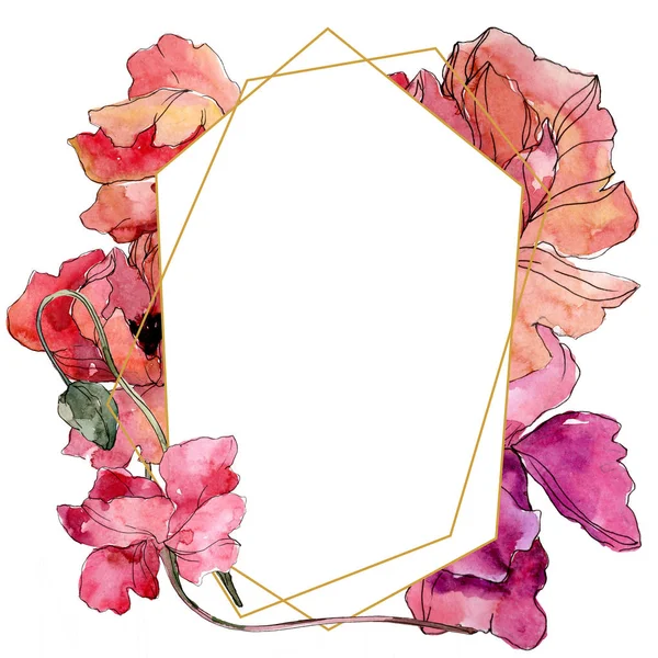 Mohn blühende botanische Blume. Aquarell Hintergrundillustration Set. Rahmen Rand Ornament Quadrat. — Stockfoto