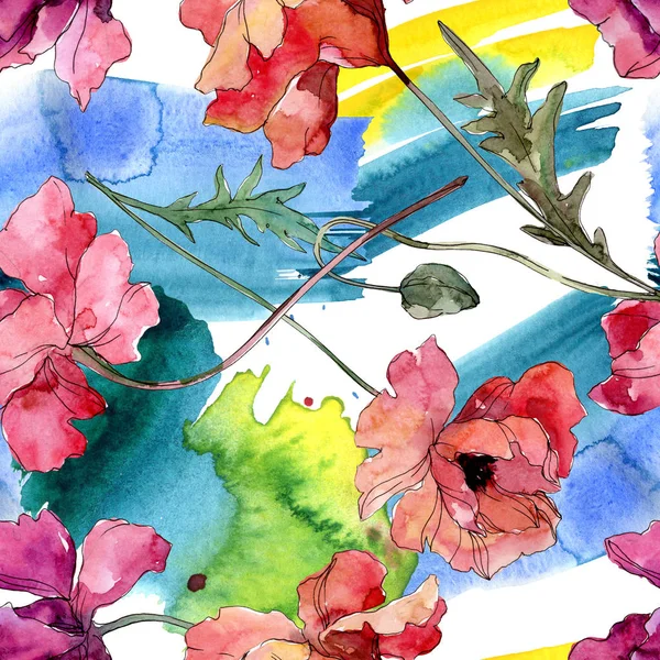 Mohn blühende botanische Blume. Aquarell Hintergrundillustration Set. nahtloses Hintergrundmuster. — Stockfoto