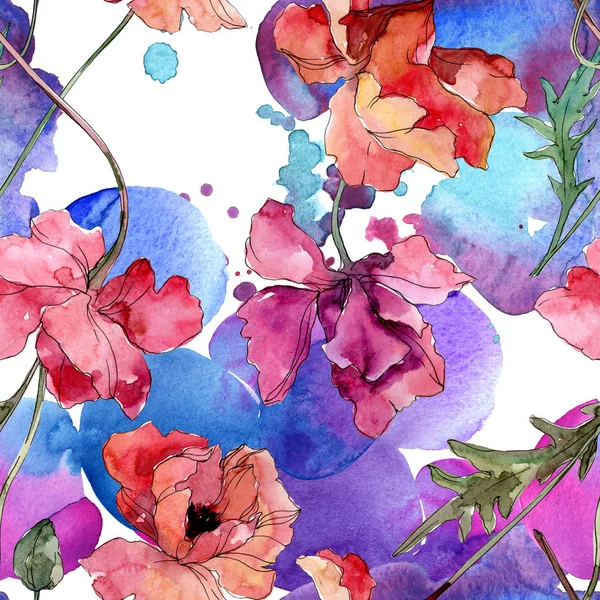 Fiore botanico floreale papavero. Acquerello sfondo illustrazione set. Modello di sfondo senza soluzione di continuità . — Foto stock