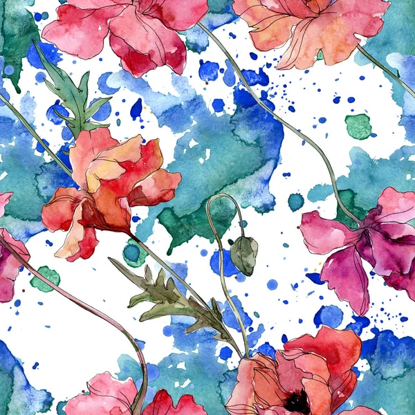 Flor botânica floral papoula. Conjunto de ilustração de fundo aquarela. Padrão de fundo sem costura . — Fotografia de Stock