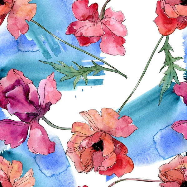 Mohn blühende botanische Blume. Aquarell Hintergrundillustration Set. nahtloses Hintergrundmuster. — Stockfoto