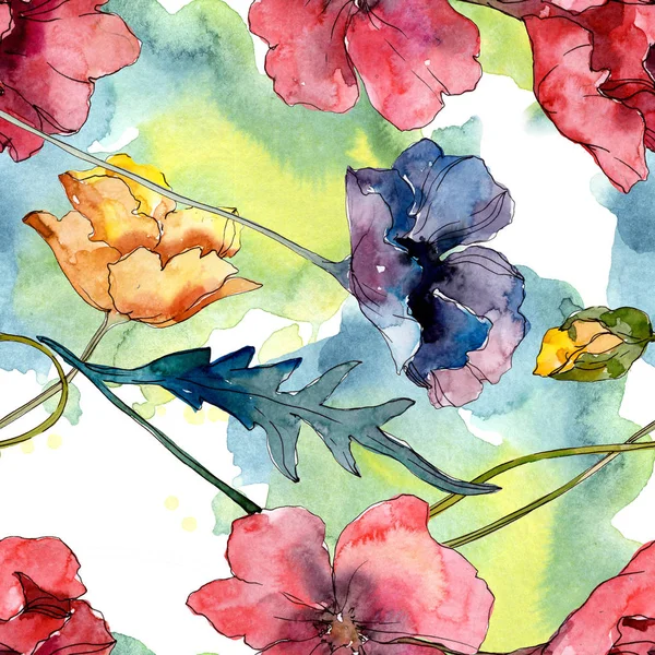 Poppy floral botanical flower. Wild spring leaf wildflower. Watercolor illustration set. Watercolour drawing fashion aquarelle. Seamless background pattern. Fabric wallpaper print texture. — Stock Photo