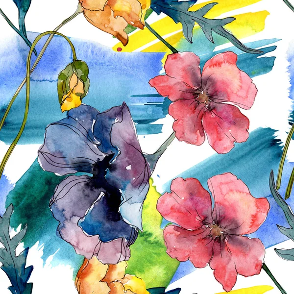 Mohn blühende botanische Blume. wilde Frühlingsblume. Aquarell-Illustrationsset vorhanden. Aquarell zeichnen Mode-Aquarell. nahtlose Hintergrundmuster. Stoff Tapete drucken Textur. — Stockfoto