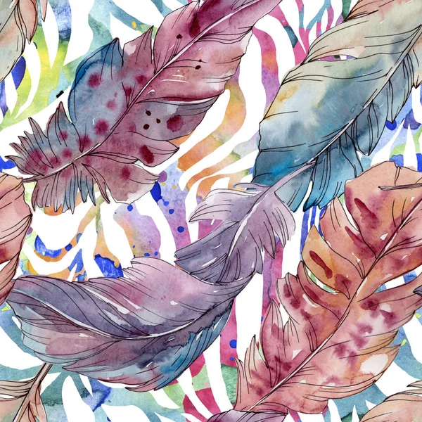 Pluma colorida de pájaro de ala aislada. Conjunto de ilustración de fondo acuarela. Patrón de fondo sin costuras . — Stock Photo
