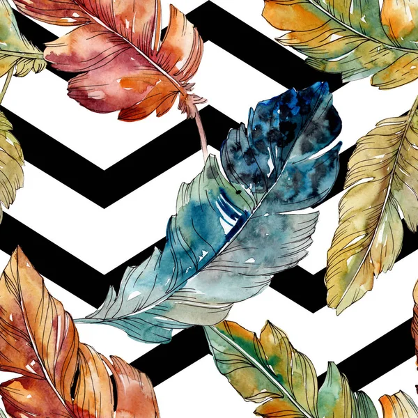 Colorful bird feather from wing isolated. Watercolor background illustration set. Seamless background pattern. — Stock Photo