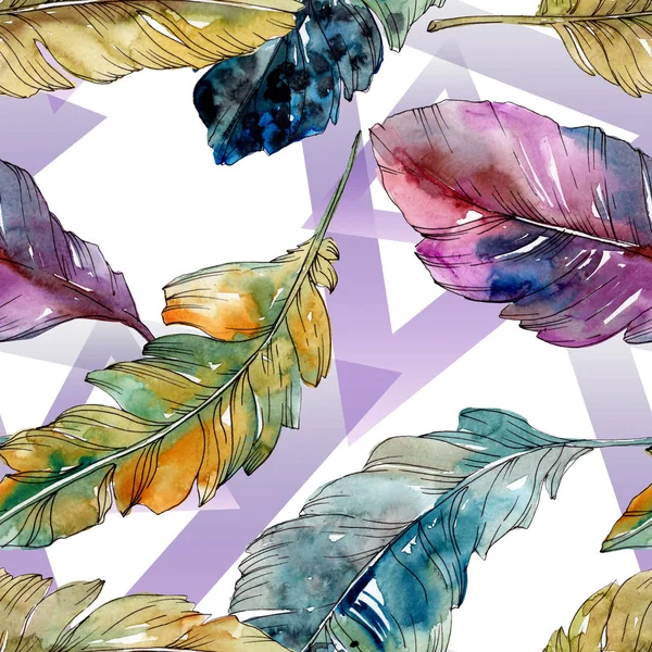 Colorful bird feather from wing isolated. Watercolor background illustration set. Seamless background pattern. — Stock Photo