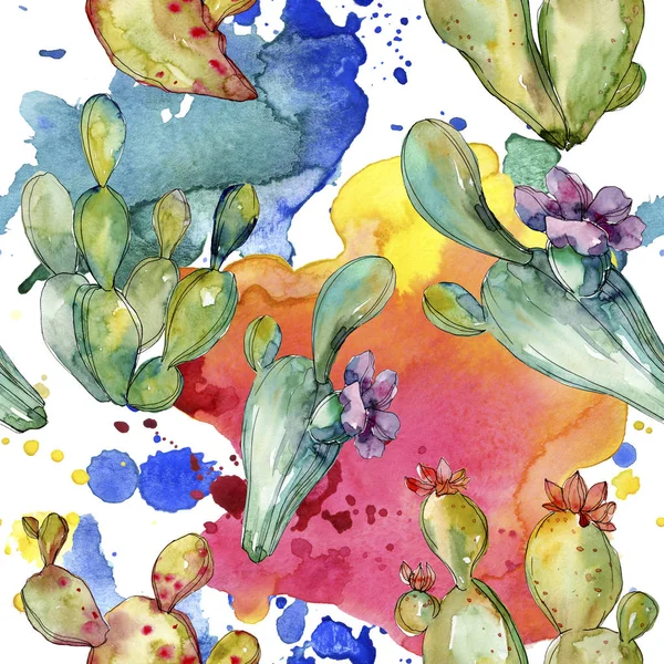 Cacto verde flores botânicas florais. Conjunto de ilustração de fundo aquarela. Padrão de fundo sem costura . — Stock Photo