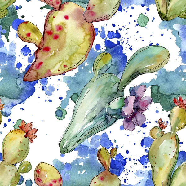 Зелені кактуси квіткові ботанічні квіти. Набір ілюстрацій для акварельного фону. Безшовний візерунок тла . — стокове фото