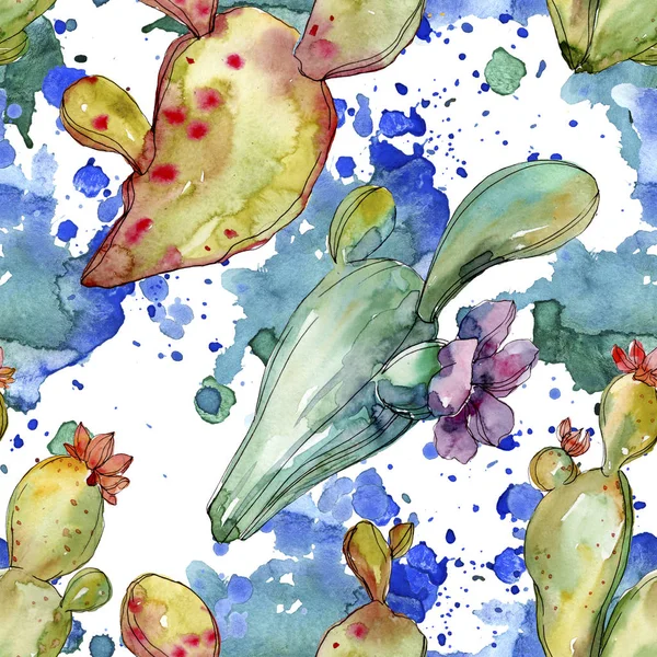 Grüne Kakteen mit botanischen Blüten. Aquarell Hintergrundillustration Set. nahtloses Hintergrundmuster. — Stockfoto