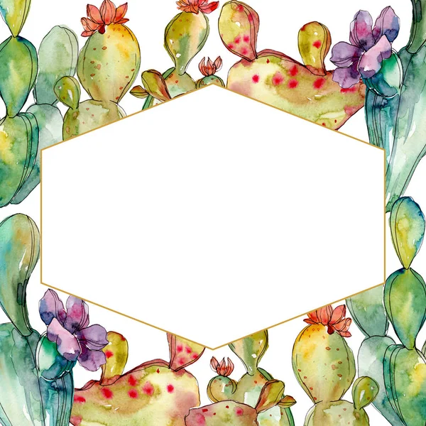Fiori botanici floreali di cactus verde. Acquerello sfondo illustrazione set. Quadrato ornamento bordo cornice . — Foto stock