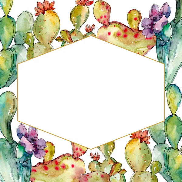 Grüne Kakteen mit botanischen Blüten. Aquarell Hintergrundillustration Set. Rahmen Rand Ornament Quadrat. — Stockfoto