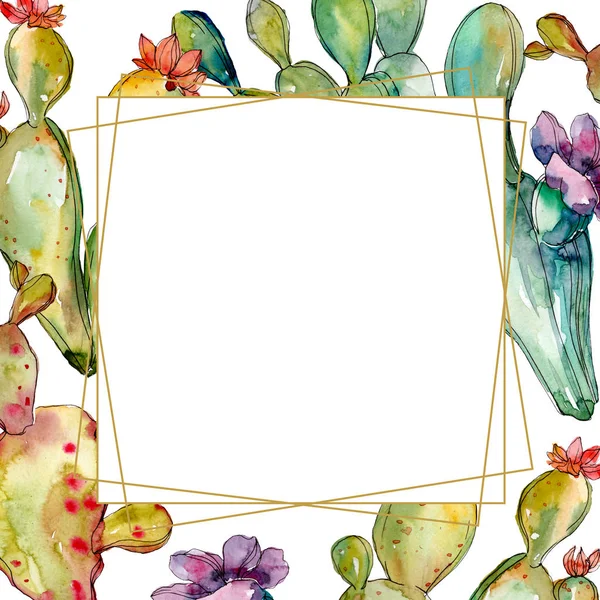 Fiori botanici floreali di cactus verde. Acquerello sfondo illustrazione set. Quadrato ornamento bordo cornice . — Foto stock