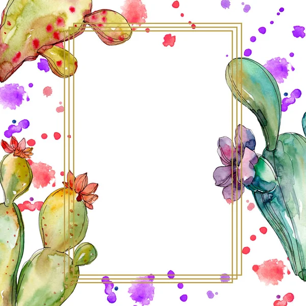 Fleurs botaniques florales de cactus vert. Ensemble d'illustration de fond aquarelle. Cadre bordure ornement carré . — Photo de stock