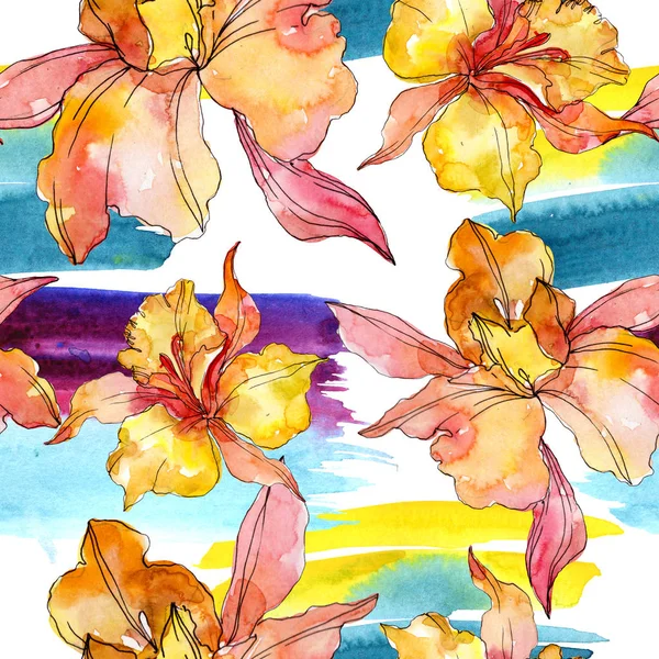 Orchid floral botanical flowers. Wild spring leaf wildflower. Watercolor illustration set. Watercolour drawing fashion aquarelle. Seamless background pattern. Fabric wallpaper print texture. — Stock Photo