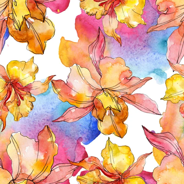 Orchidee florale botanische Blumen. wilde Frühlingsblume. Aquarell-Illustrationsset vorhanden. Aquarell zeichnen Mode-Aquarell. nahtlose Hintergrundmuster. Stoff Tapete drucken Textur. — Stockfoto