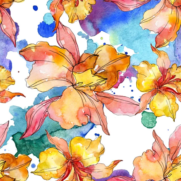 Orchidee florale botanische Blumen. wilde Frühlingsblume. Aquarell-Illustrationsset vorhanden. Aquarell zeichnen Mode-Aquarell. nahtlose Hintergrundmuster. Stoff Tapete drucken Textur. — Stockfoto