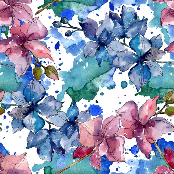 Flores botânicas florais de orquídea. Folha selvagem da primavera wildflower. Conjunto de ilustrações aquarela. Aquarelle desenho aquarelle moda. Padrão de fundo sem costura. Tecido papel de parede impressão textura . — Fotografia de Stock