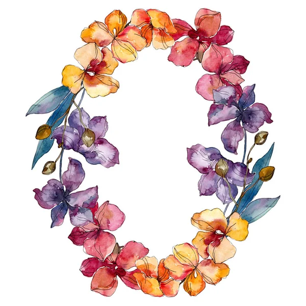 Fiori botanici floreali del Orchid. Acquerello sfondo illustrazione set. Quadrato ornamento bordo cornice . — Foto stock