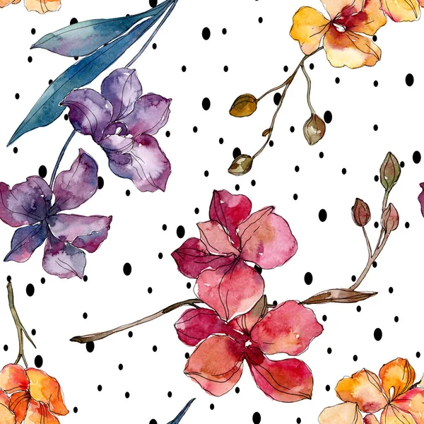 Orchid floral botanical flowers. Watercolor background illustration set. Seamless background pattern. — Stock Photo