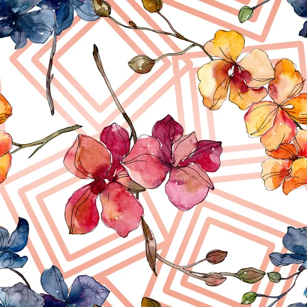 Orchid floral botanical flowers. Watercolor background illustration set. Seamless background pattern. — Stock Photo